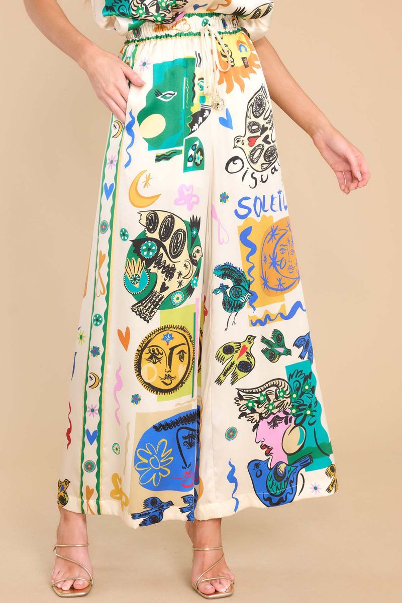 Damer 2024 Sommar Fritidskläder Damer Satin Stretch Frukttryck Graffiti Byxor med vida ben Fritidsbyxor_voghion.com