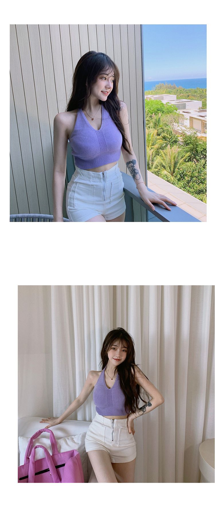 Black Base With A Hanging Neck Camisole For Women's Outerwear, Summer New Spicy Girl Knitted Short Top_voghion.com