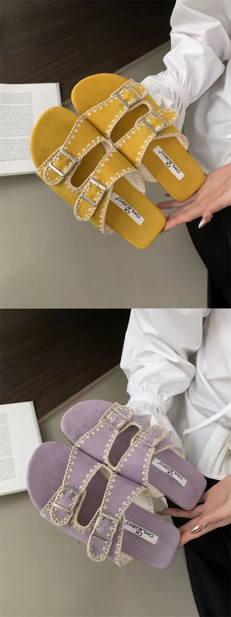 Lancui Koreanischen Stil Zweireihige Ein-Riemen Flache Sandalen Für Frauen 2025 Neue Sommer Bestickte Halb Hausschuhe_voghion.com