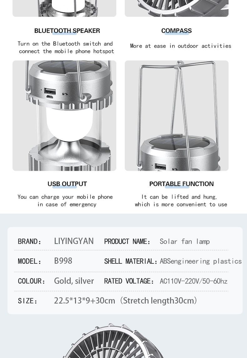 Bärbar solcellsfläkt för utomhusbruk, campinglampa, litiumbatteri för häst_voghion.com