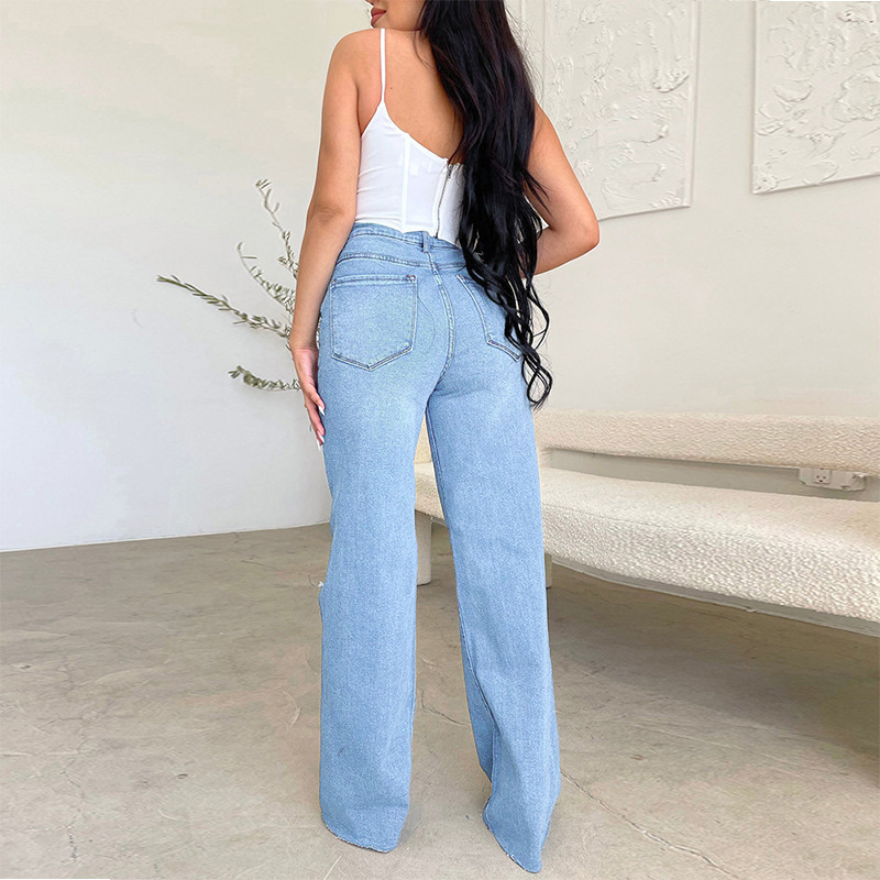 Pantalones vaqueros de mujer de sección larga, cintura alta, agujeros rotos, borde sin rematar, oferta especial, estilo europeo y americano, pantalones anchos cómodos_voghion.com