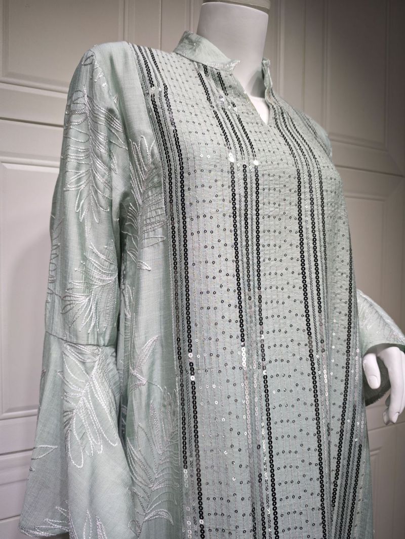 Elegant Embroidered Abaya Dress – Flowy Maxi Kaftan With Flounce Sleeves (Light Green/Yellow/Pink, S-XXL)_voghion.com