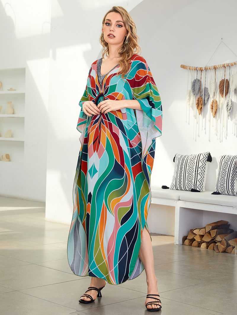 Sukienka maxi z nadrukiem w stylu boho, damska, narzutka z wiskozy – zwiewna tunika plażowa z etnicznymi wzorami, luźny krój w dużych rozmiarach, narzutka na bikini, strój na wakacje_voghion.com