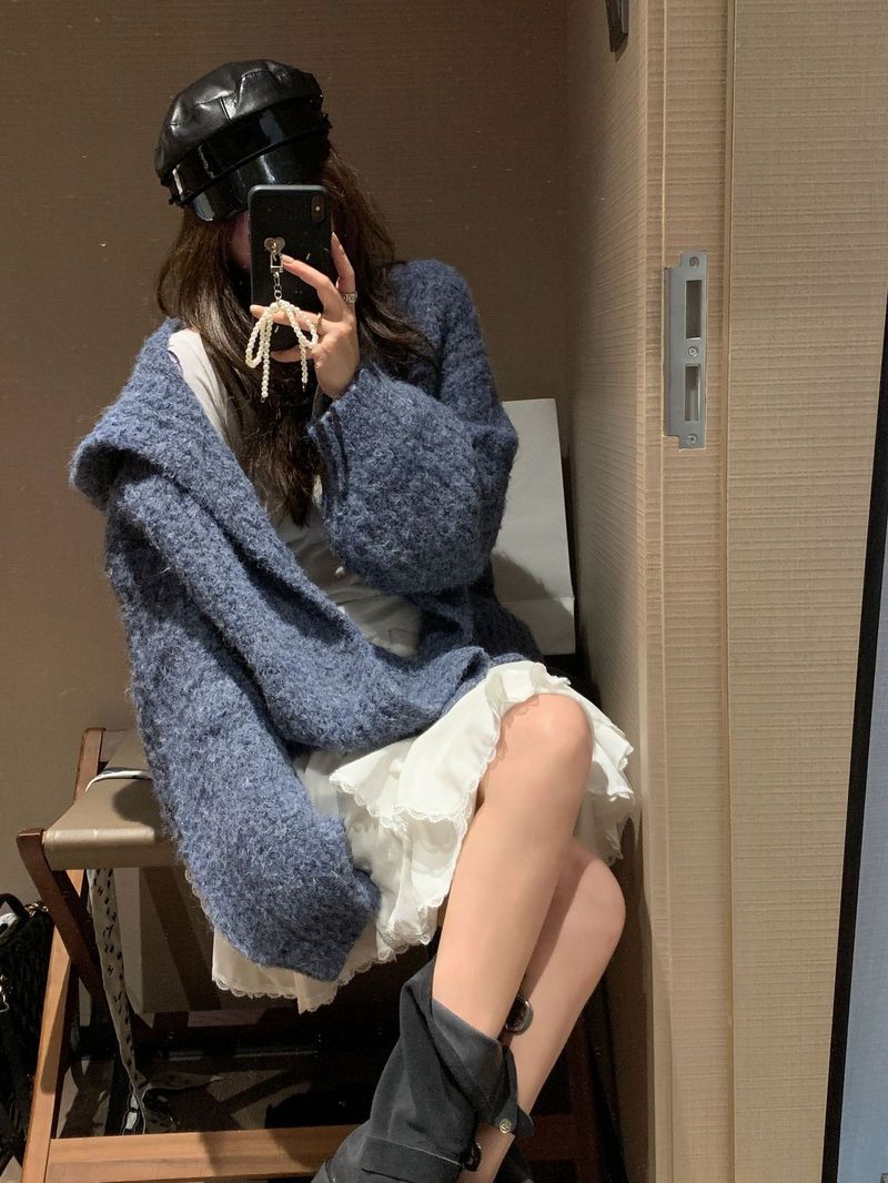 Cardigan con cappuccio in lana di alpaca vintage per donna, cappotto lavorato a maglia spesso di media lunghezza per autunno e inverno, stile ampio e rilassato_voghion.com