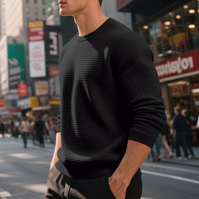 Lässiges Herren-Sweatshirt – Locker geschnittener Rundhalspullover mit Mini-Karomuster | Weiche Baumwollmischung, dicker für Frühling/Herbst_voghion.com