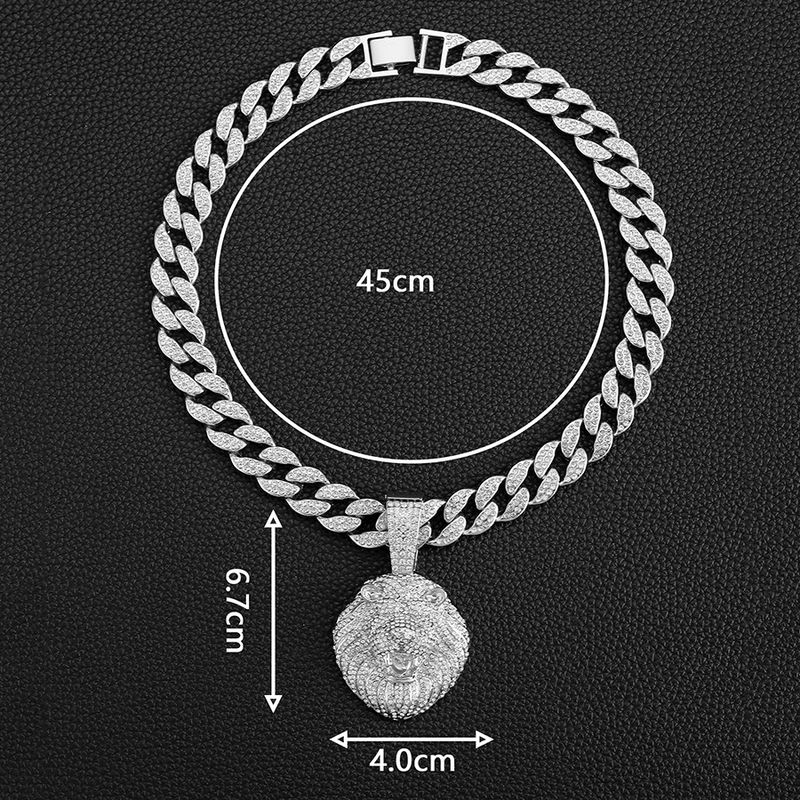 Cool Full Dia Personality Three Dimensional Lion Head Pendant Cuban Necklace Street Hip Hop Style_voghion.com