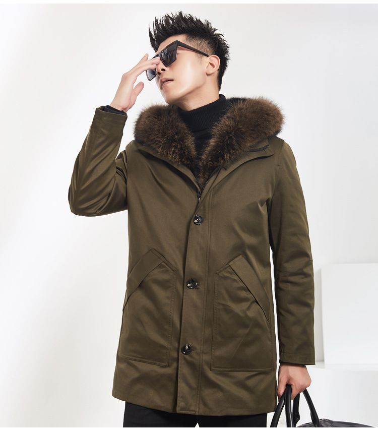 Premium nertsbontparka voor heren met wasbeercapuchon – slim fit, middellange winterjas (L-5XL, zwart/legergroen, waterdichte buitenkant)_voghion.com