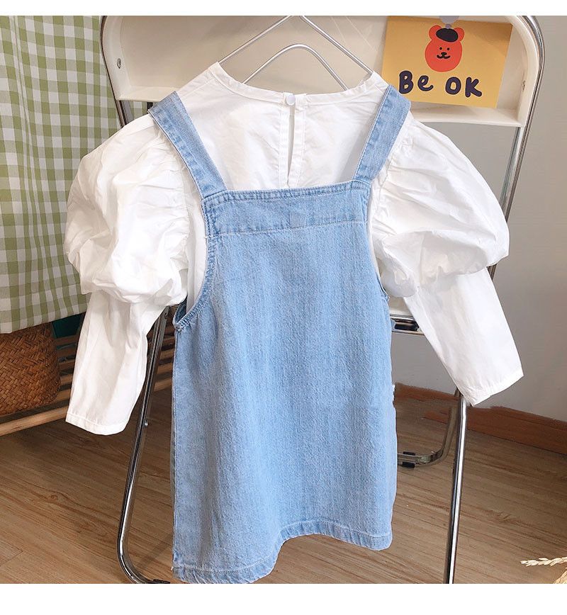 Abbigliamento per bambini, set da due pezzi per ragazze, top con maniche a sbuffo e tuta in denim con gonna_voghion.com