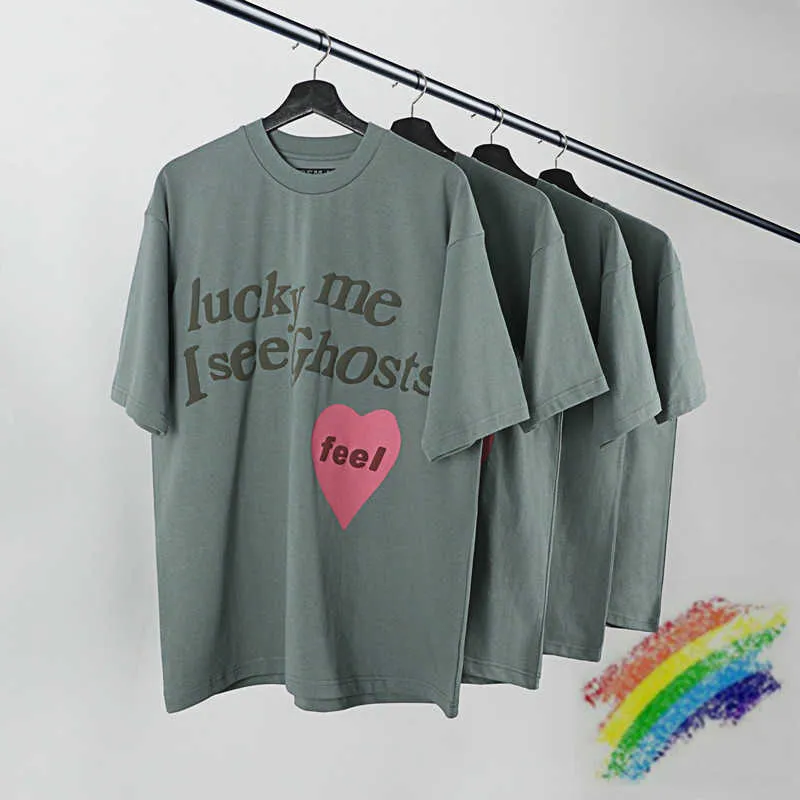 Herren T-Shirts Schaumdruck T-Shirt Männer Frauen Lucky Me I See Ghosts T-Shirt Rosa Herzförmiges Gefühl Tops Sonntagsgottesdienst_voghion.com