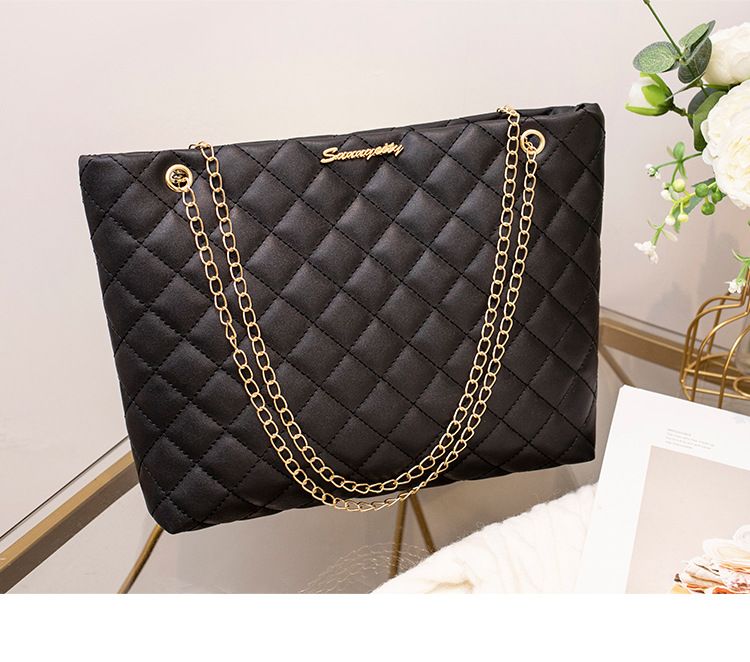 Women's Diamond Quilted Embroidery Tote Bag - Large Capacity With Chain Strap & Magnetic Closure (Solid Color Shoulder Bag)_voghion.com