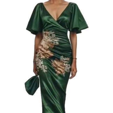 Abito plissettato stampato con scollo a V da donna 2025, verde_voghion.com