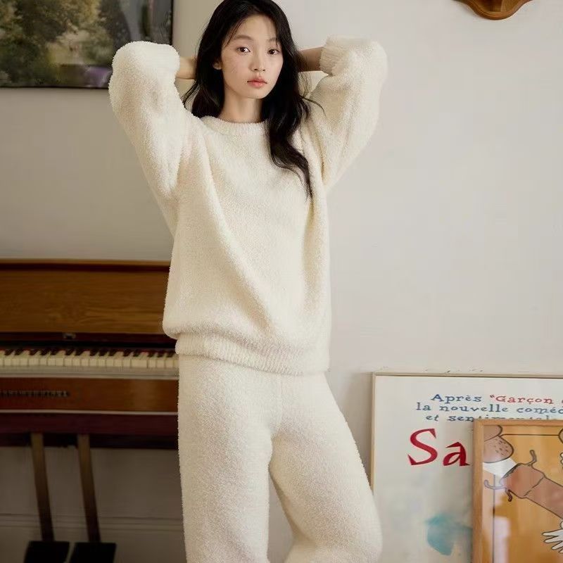 Autumn Winter Half Velvet Pajamas For Women Sleeve Long Pants Ladies Pullover Loose Fleece Warm Homewear Two-Piece Set_voghion.com