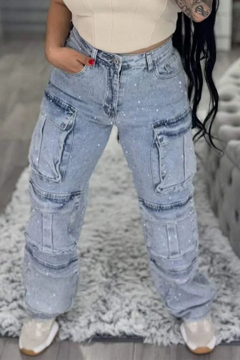 Vêtements pour femmes Mode Street Style Pocket Diamond Casual Jeans_voghion.com