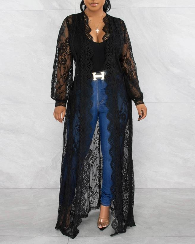 Women Jacket 2023 Spring Fashion Crochet Lace Scallop Trim Casual Long Sleeve Plain Open Front Longline Daily Straight_voghion.com