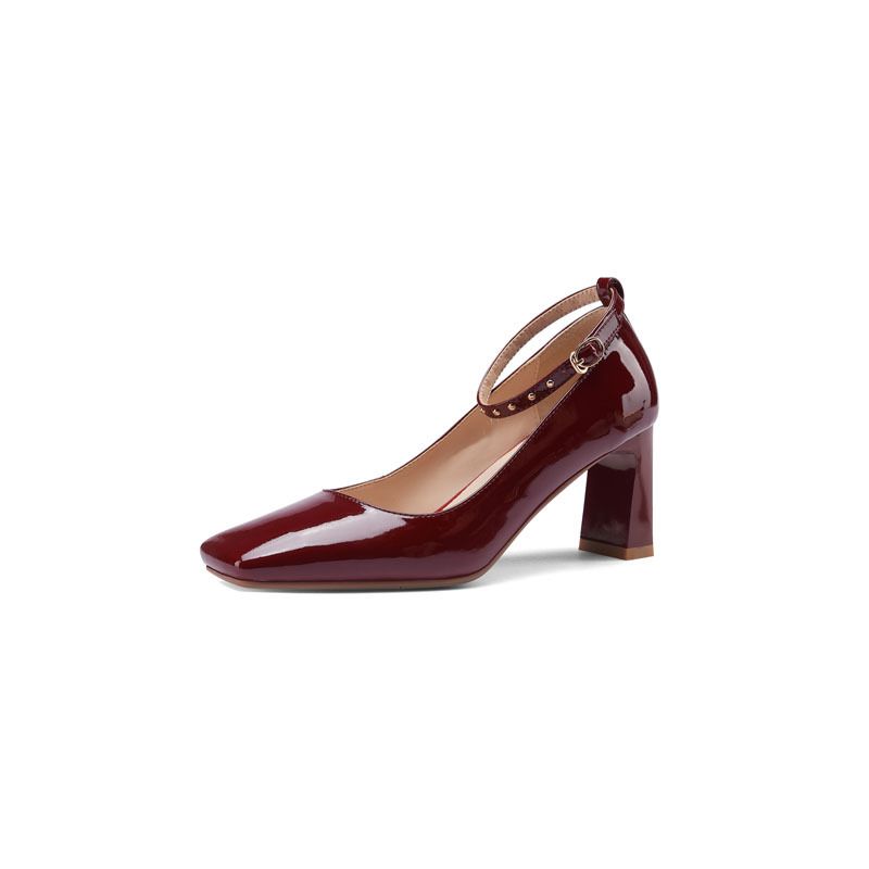 2025 Spring And Autumn New Style Single Strap Women's With Rivets, Square Toe High Chunky Heels, Burgundy Leather Shoes_voghion.com