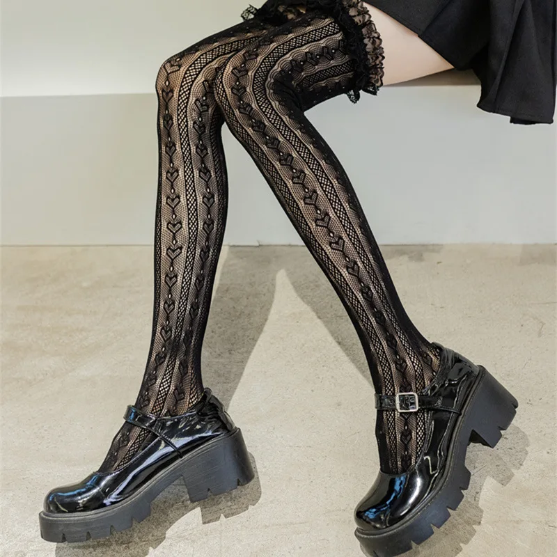 Chaussettes longues au dessus du genou pour femmes et filles, noires et blanches, Sexy, Lolita, nœud papillon, cuisses hautes, bas en résille, gothique, Punk, maille en dentelle_voghion.com
