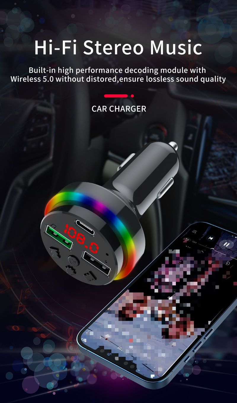 Car Charger Mobile Phone Charger Bluetooth Hands-free Call USB TYPE-C Port with Charging Function FM Transmission Frequency Colorful Ambient Light_voghion.com