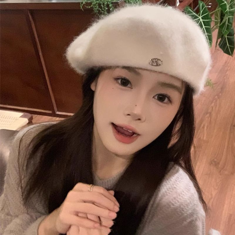 Baskenmütze für Damen aus Angora-Kaninchenhaar-Wollmischung für Winterwärme und Kälteschutz_voghion.com