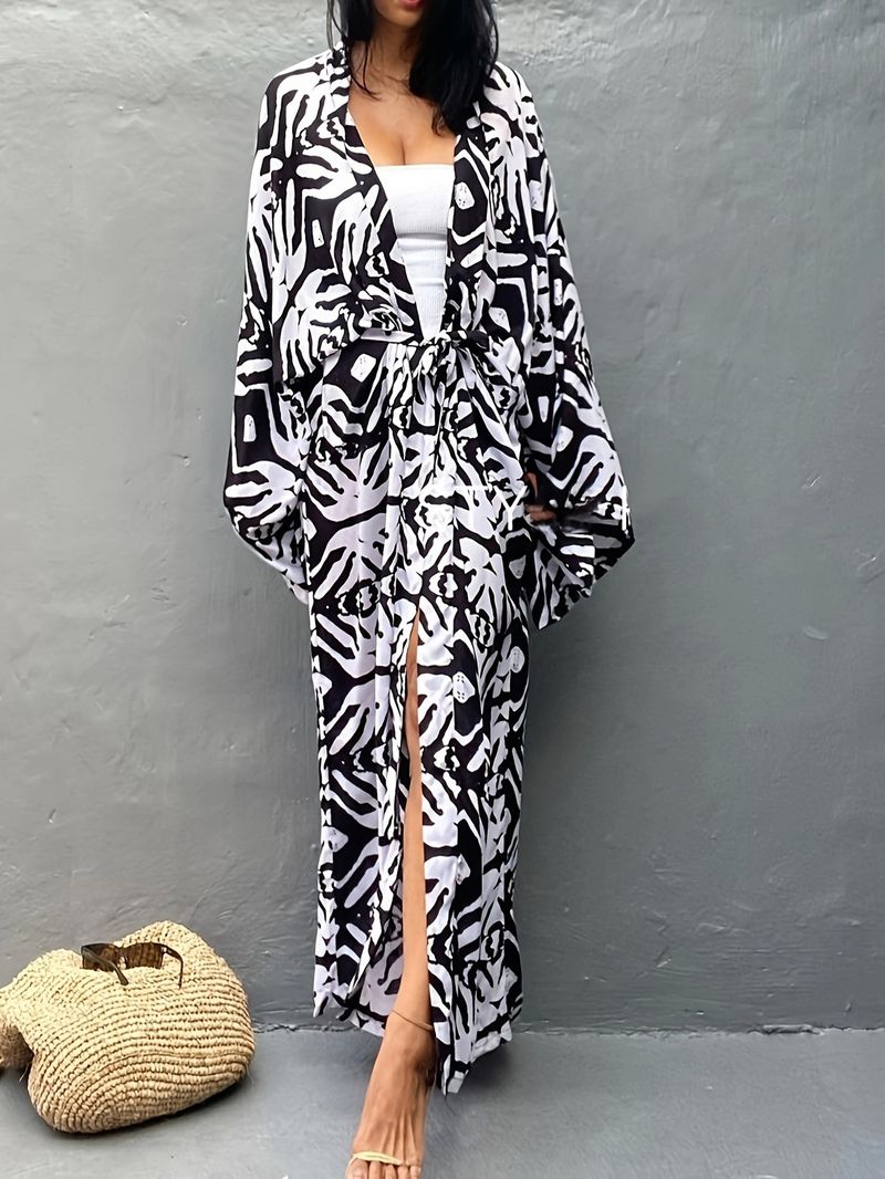 Leichtes Strandkleid aus Baumwolle für Damen – Sonnenschutz-Kimono mit Blumendruck, Bikini-Wickeltuch, Bademoden-Überzug für den Urlaub_voghion.com