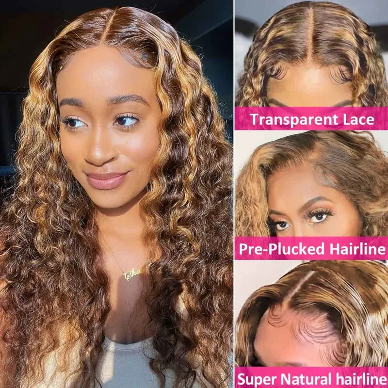 Peluca de cabello humano con ondas profundas y color marrón resaltado, peluca frontal de encaje, pelucas Remy de color rubio miel prearrancadas para mujeres_voghion.com