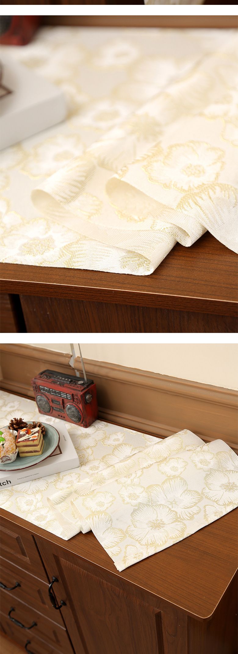 Bestickter Tischläufer – Goldfolie und Blumenstickerei, dekorativer Läufer für Couchtisch, Esstisch und Sideboard_voghion.com
