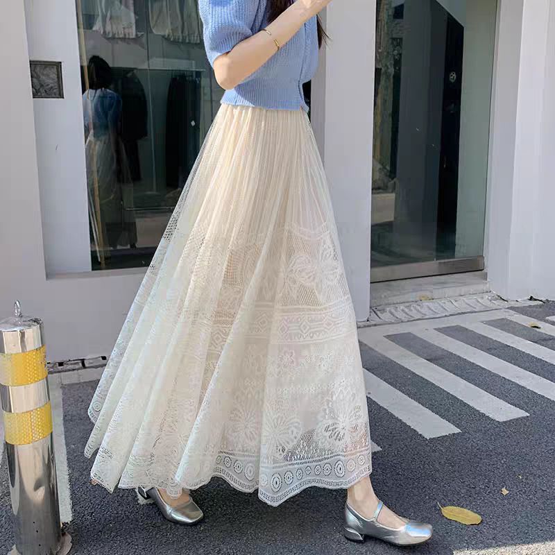 Elegante gonna midi in pizzo con ricamo floreale, gonna fluida a trapezio con orlo a strati in chiffon, perfetta per il guardaroba primaverile-estivo (nero/bianco/beige)_voghion.com