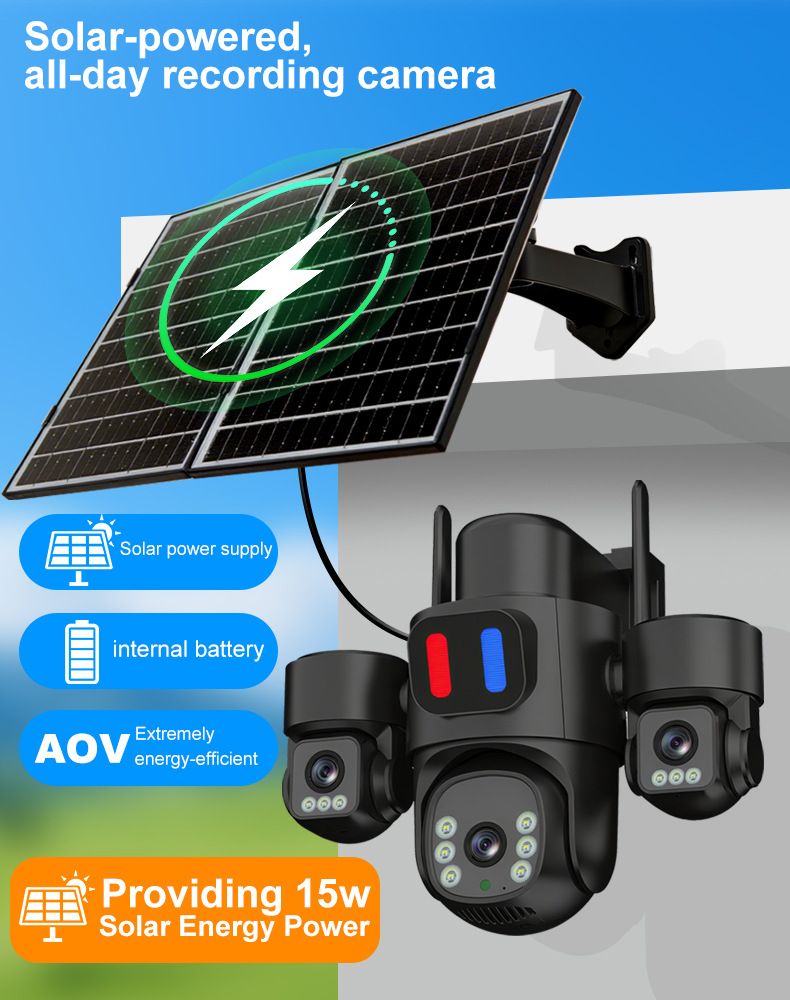 Kamera bezpieczeństwa Solar 4G z potrójnym obiektywem – 360° do użytku na zewnątrz, bezprzewodowa, pełnokolorowa wizja nocna, 50 m podczerwieni, IP65, obudowa ABS_voghion.com