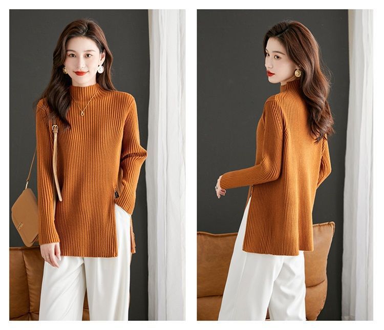 【 Família Cashmere 】 Suéter de gola alta semi-alta de outono de médio a longo com base de lã para mulheres, camada interna de malha solta e grossa_voghion.com