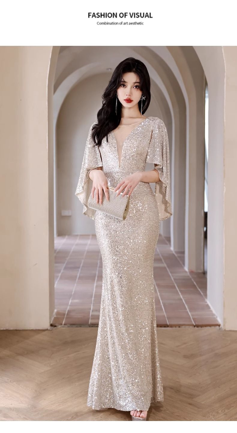 Damenbekleidung Abendkleid Weiblich Neuer Stil High-End-Temperament Host Fischschwanz Abschlusskleid Rock Champagner Farbe Kunst Prüfungsrock_voghion.com