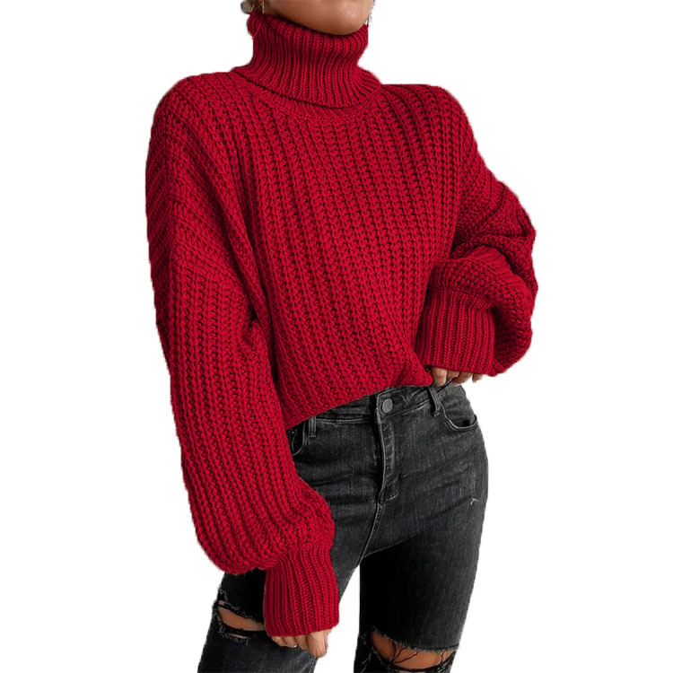 Women's fashion drop shoulder long sleeve knit loose turtleneck sweater_voghion.com