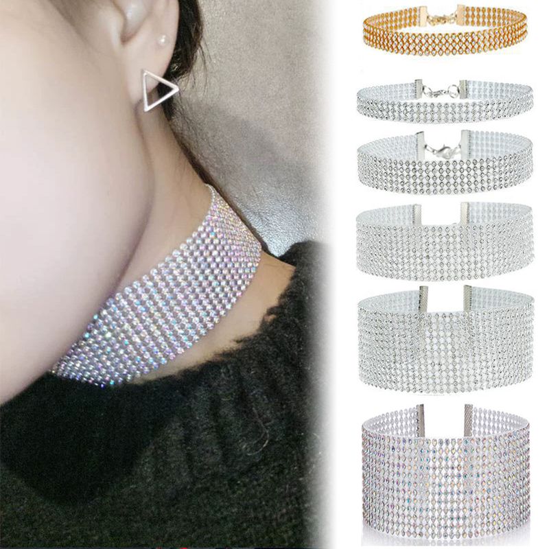 Heiße Verkäufe TOP Qualität Kühlen Glänzenden Strass Bündel Hals Beliebte Element Kragen Halskette Punk Hip Hop frauen Halsband Geschenk Koreanische_voghion.com