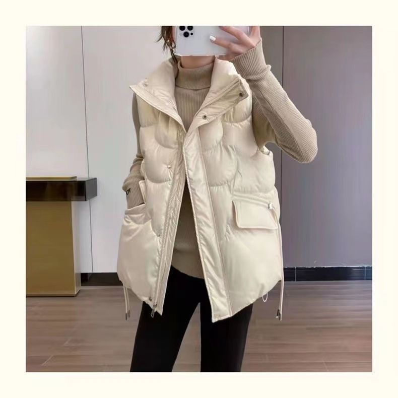 Gilet trapuntato leggero da donna, giacca senza maniche con collo alto, capospalla casual in stile coreano, nero e champagne_voghion.com
