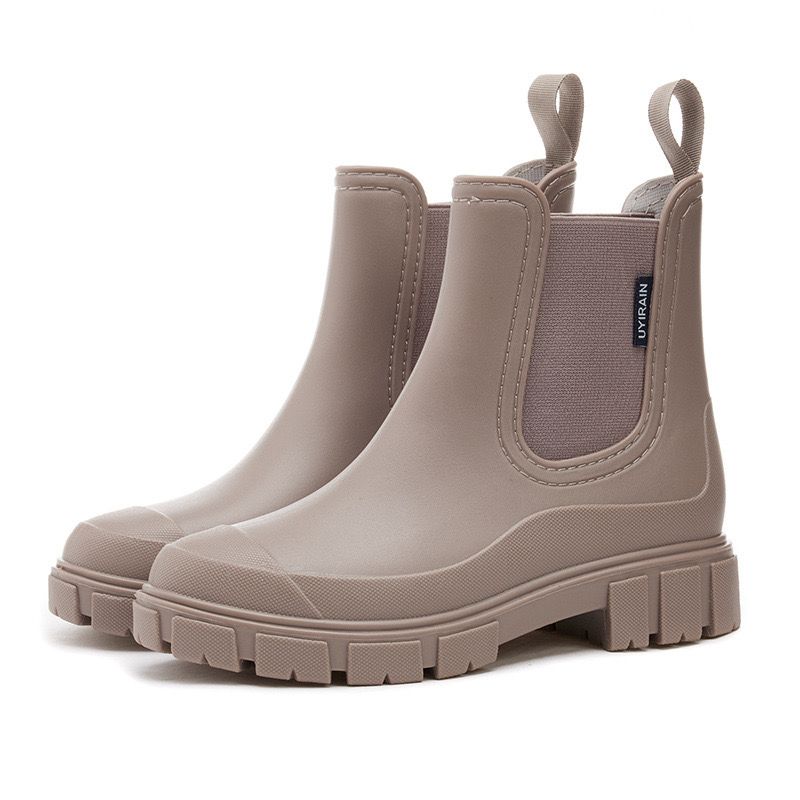 Damen Regenstiefeletten mit Gummizug im neuen Stil, wasserdicht, mittelhoch, rutschfest, für drinnen und draußen_voghion.com