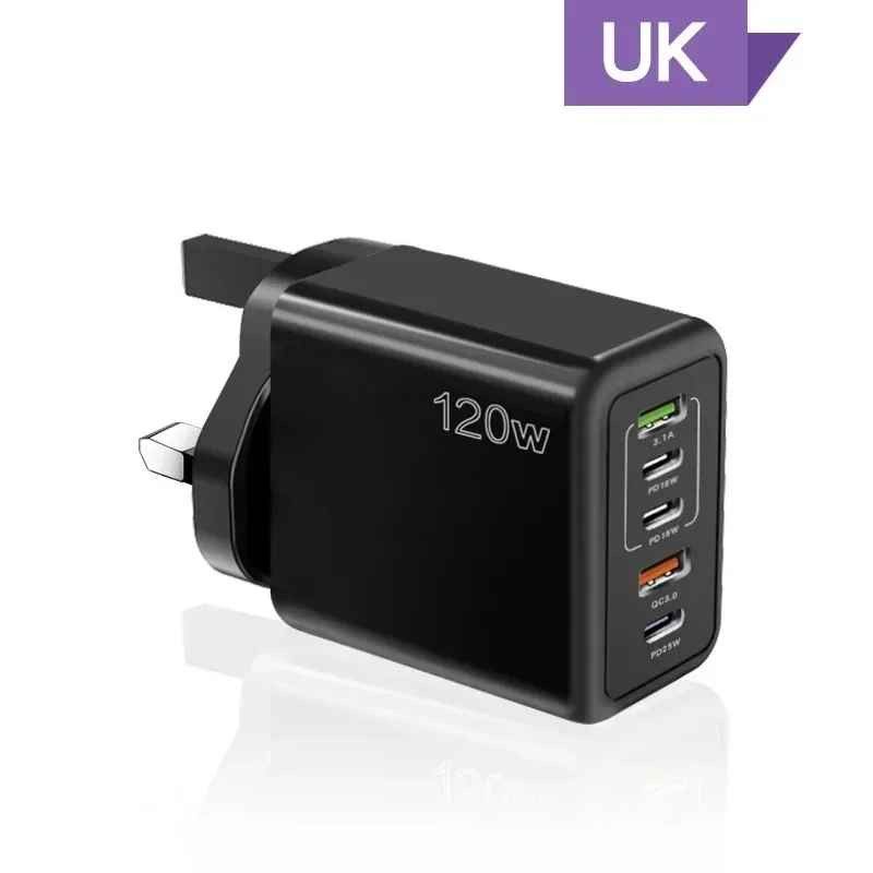 120 W PD-Schnellladegerät-Adapter, UK-Stecker, 2 USB und 3 Typ C für Mobiltelefone – Schwarz_voghion.com
