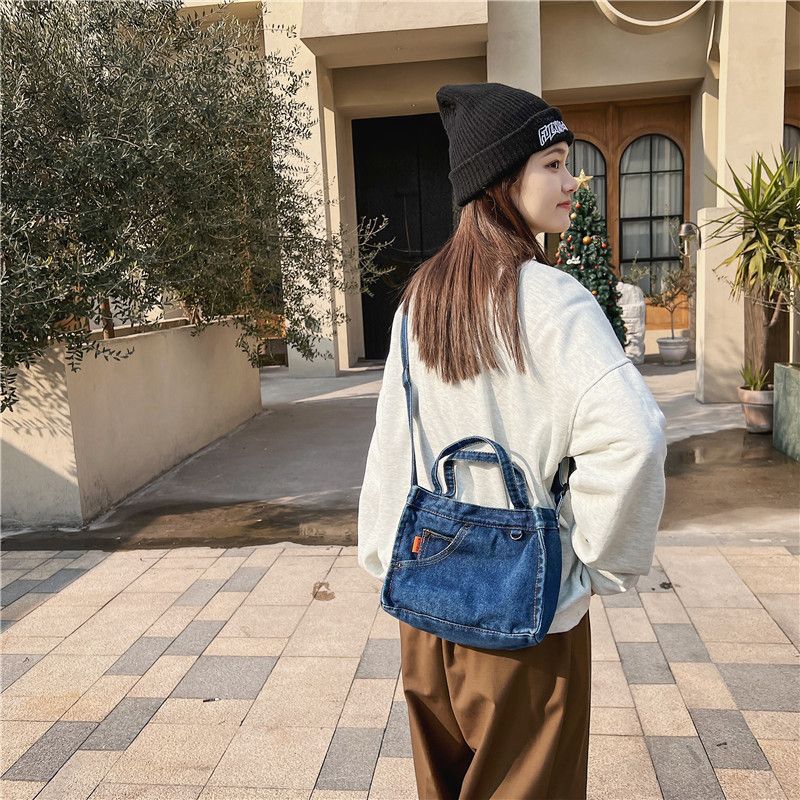 Borsa a mano in denim, tracolla, trendy, da donna, piccola, quadrata, stile campus, casual_voghion.com