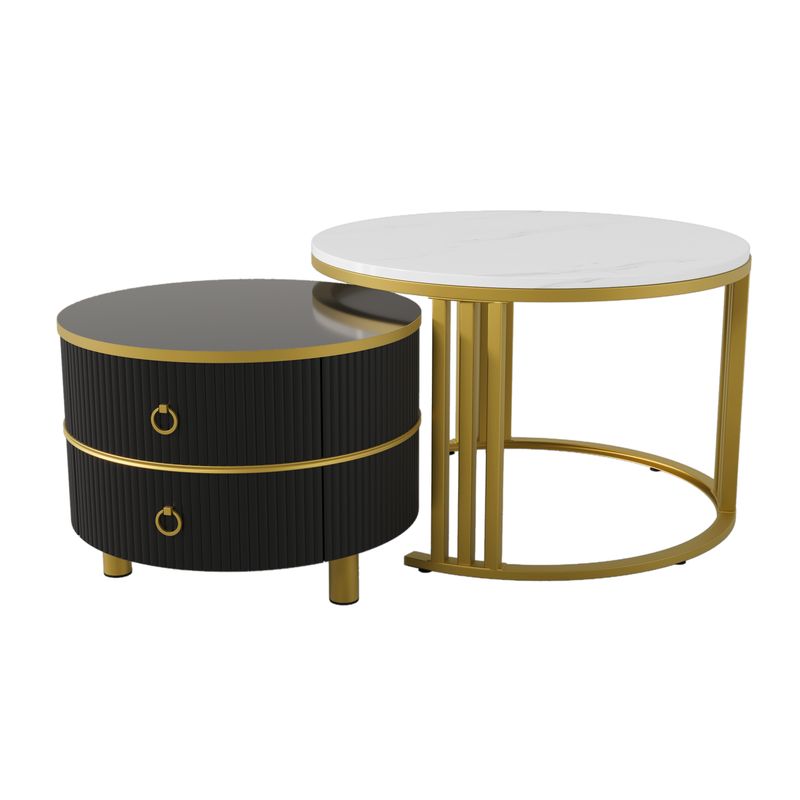 Table basse ronde 2 en 1 en MDF, table d'appoint avec plateau brillant et 1 plateau en marbre blanc, ensemble de table basse de salon avec 2 tiroirs, 70 x 70 x 46 cm + 50 x 50 x 40 cm_voghion.com