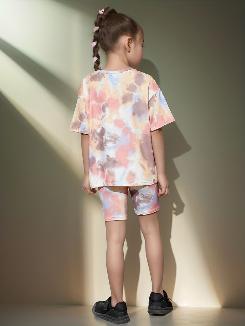 Mother & Kids INS Girls Summer Casual Tie Dye Full Print Round Neck Short Sleeve 2 Piece Set Fashion Casual Suit_voghion.com