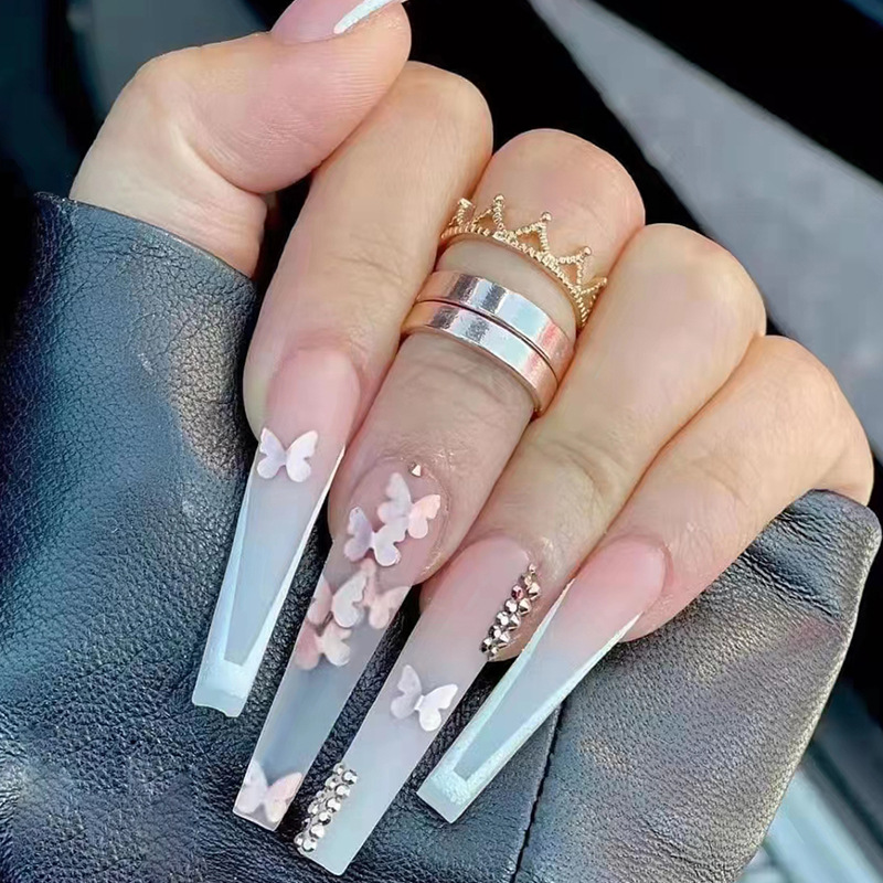 Langes 24-teiliges Set mit französischen Ballettnägeln zum Aufdrücken langer künstlicher Nägel mit rosa Strasssteinen, tragbare Sargnägel mit Strasssteinen_voghion.com