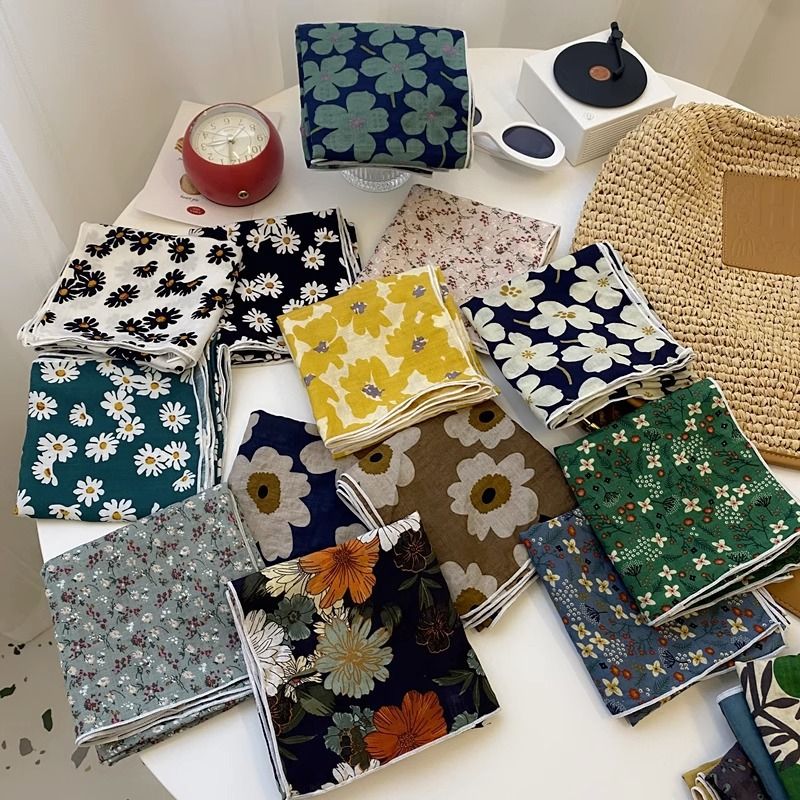 Cotton And Linen Square Scarf, New Korean Floral Scarf, Summer And Fall Decorative Head Scarf, Fresh And Lovely._voghion.com