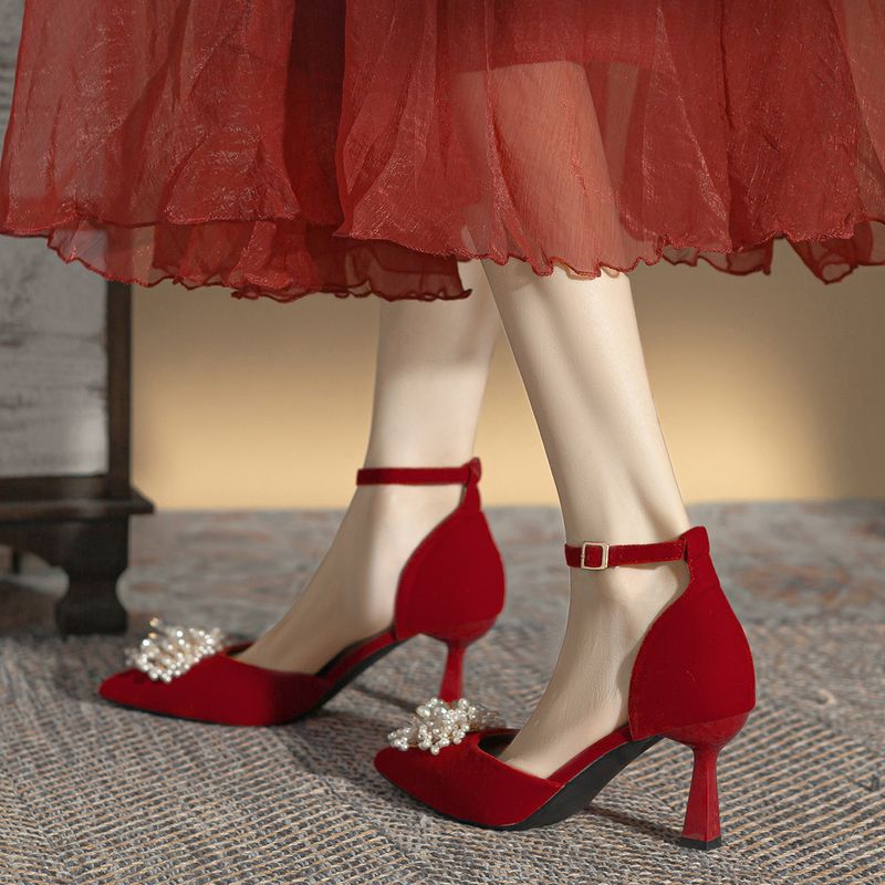 Chinese Style Xiuhe Red Wedding Pearl Flower Hollow High Heels, Spring And Summer New Styles, Detailed Order Shoes,_voghion.com