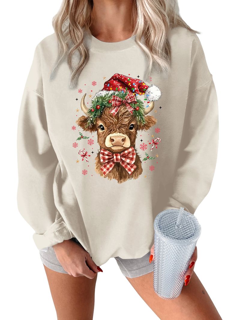 Cute And Fun Women's Christmas Cow Print Thickened Warm Sweatshirt Base Shirt_voghion.com