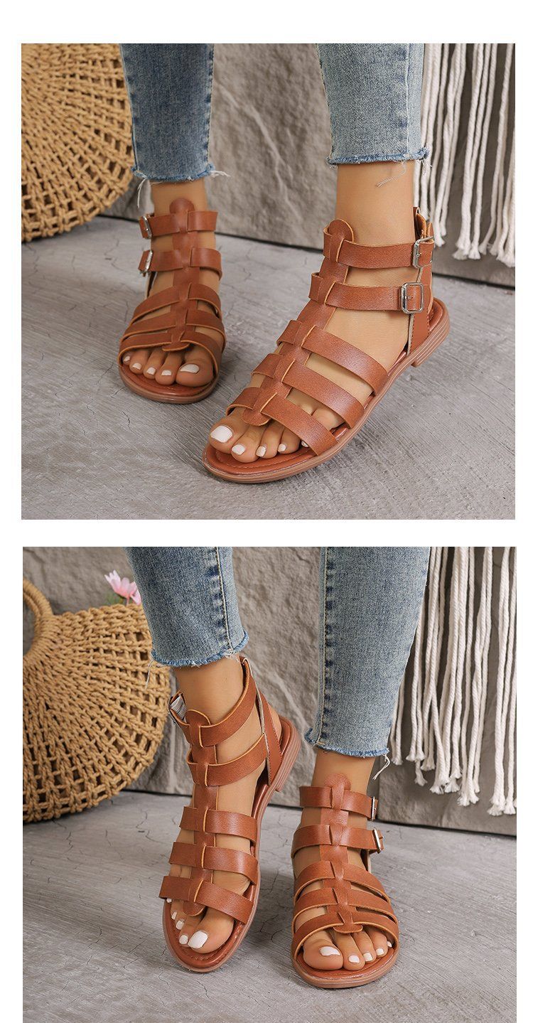 neue einfache, lässige, einfarbige Römersandalen mit offenem Zehenbereich und flachen Sandalen für Damen_voghion.com