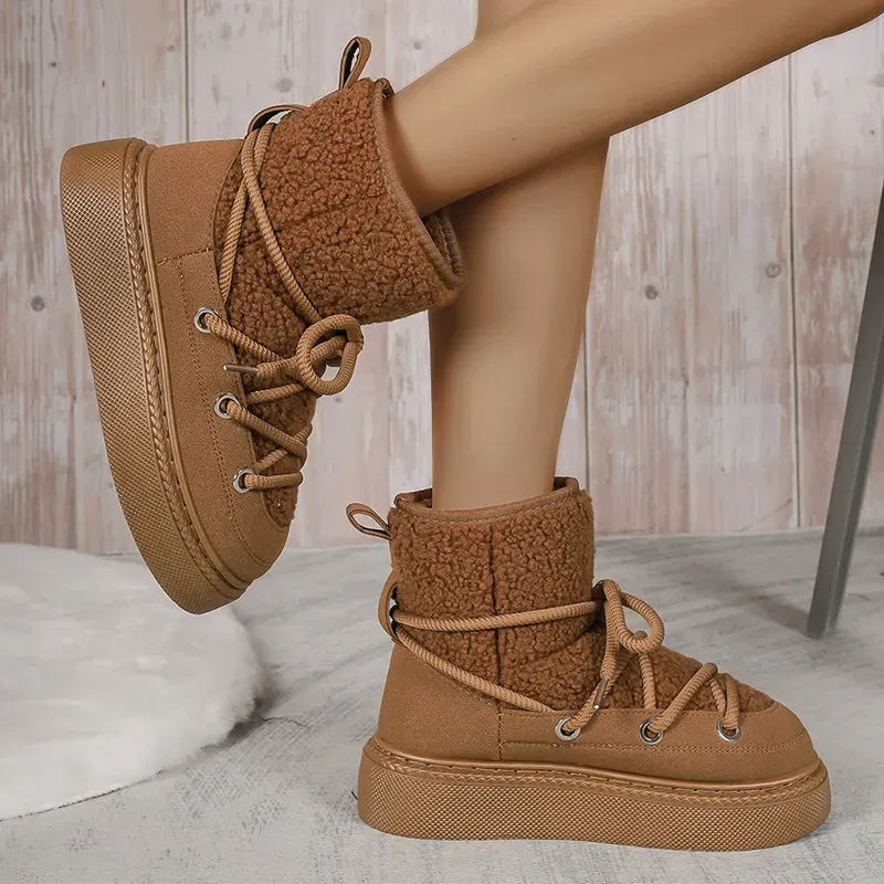 Scarpe da sci invernali da donna in pelle scamosciata con lacci, calde e imbottite, per il tempo libero, in lana sintetica, con plateau, 2024_voghion.com