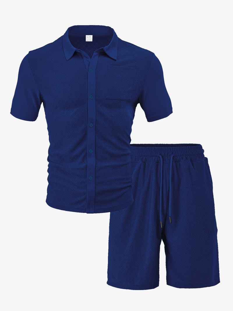 Men's Clothing New Casual Button Solid Color Cross Pattern Towel Jacquard Cloth Short Sleeved Shorts Suit_voghion.com
