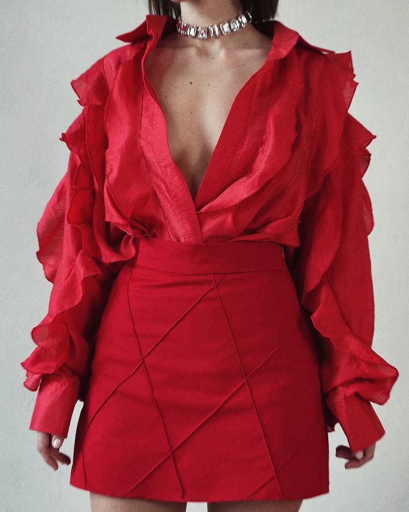 Roupas femininas verão nova moda lapela cor sólida lapela babados renda manga comprida camisa top_voghion.com
