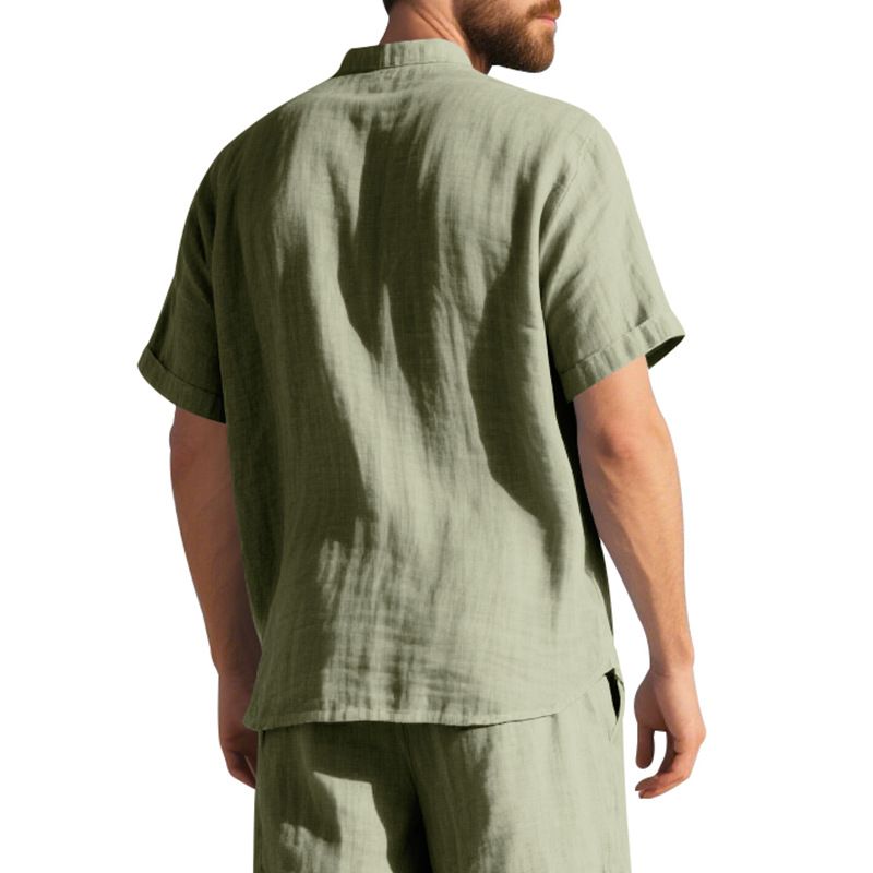 Camisa de lino de manga corta para hombre, nueva, de color liso, con cuello alto y bolsillo, holgada, informal_voghion.com