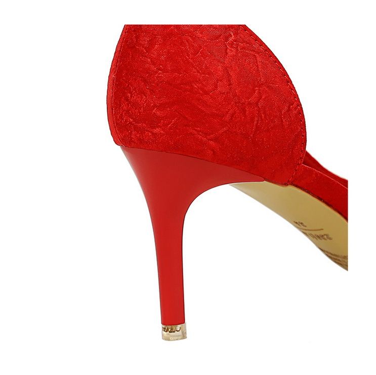 Women's shoes high heel hand scratch wrinkle cloth shallow mouth pointed side hollow rhinestone buckle single shoes_voghion.com