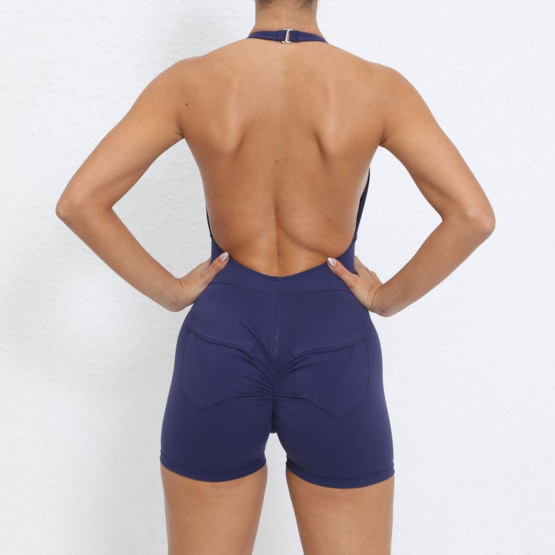 Vêtements pour femmes, couleur unie, poches, col licou, combinaison serrée, sport, fitness, course à pied, combinaison à trois points, short _voghion.com