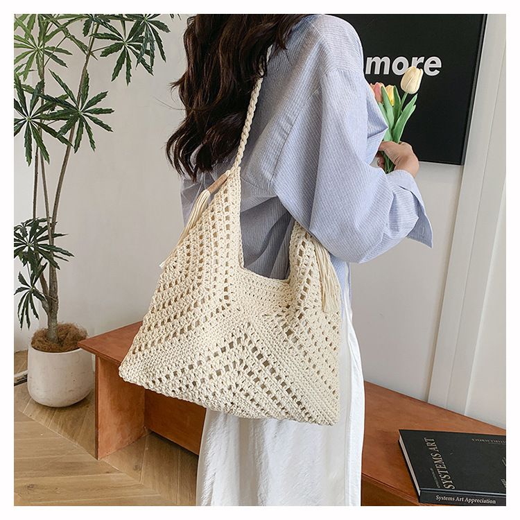 Borsa di paglia Borsa intrecciata Borsa intrecciata di grande capacità Borsa di paglia con frange da donna Borsa da spiaggia per vacanze al mare Borsa a tracolla casual da ascella_voghion.com