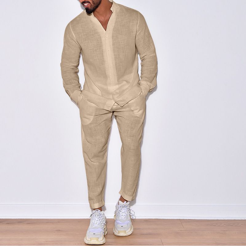 CT Men's Sports Suit Linen Autumn Casual Sleeve Fashion Workwear Long Pants Two-Piece Set_voghion.com